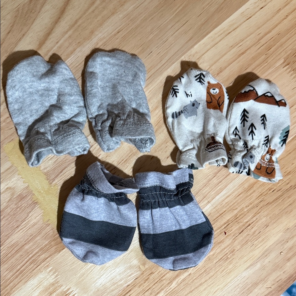 Newborn Gender Neutral Gray Striped and Animal Patterned Baby Mittens Set of 3